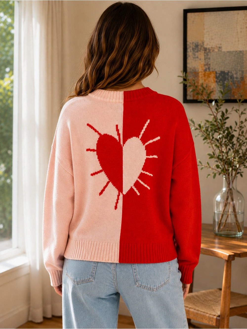 XOKR by Kerri Rosenthal Colorblock Heart Sweater Light Pink and Red V-Neck Size